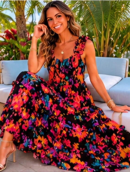 En Creme Dresses & Skirts - Boho prairie tier ruffle multicolor Vacay Resort Cottagecore Beach maxi dress L
